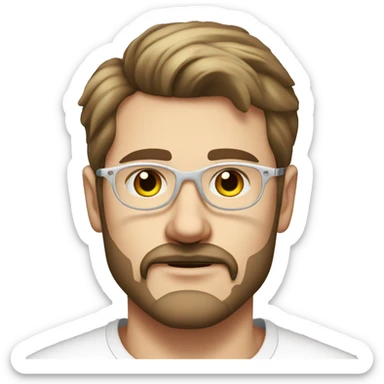 Young man with short beard, brown blond hair and a moustach, wearing a white t-shirt and transparent glasses. Hi name is nils heinemann. Only portrait. Looking frendly sticker