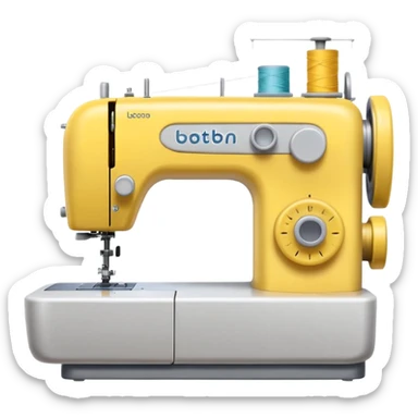 Emoji of a modern sewing machine inspired by a Brother machine. Soft, rounded shapes in the style of Apple emojis, with subtle gradients and soft shadows. White body with light gray details, a yellow spool on top sticker