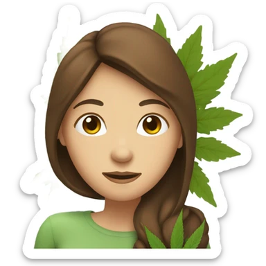 Woman with brown hair hugging marijuana leaf sticker