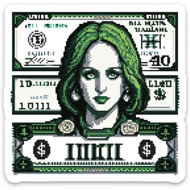 A pixel art style image of a dollar bill, featuring a green and black pixelated design with a portrait and intricate details, simple and retro design, no additional text or symbols. sticker
