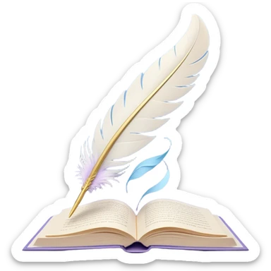 Create a delicate and poetic emoji representing poetry. The design should feature several elegantly flying pages with short poetic columns written on them. The pages should appear light and flowing, almost as if being carried by the wind. Include a white feather gently resting on the pages, symbolizing creativity and inspiration. Use soft, pastel tones like light blues, purples, and creams to give it a dreamy, artistic feel. The design should feel ethereal and whimsical, capturing the essence of poetry. Make the background transparent. sticker