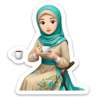 Turkish beautiful finish Konya girls blue eyes with Beautiful light brown green floral hijab long tail dress and in a lovely garden sits on the chair on the ground and holds cup coffe with her hand  sticker