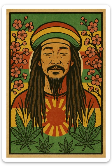 Vintage poster of an Asian Rasta with long dreadlocks, peaceful eyes, and a red-gold-green tam. Surrounded by cherry blossoms and ganja leaves. Background blends Rasta colors into an Asian flag (e.g., red sun from Japan or Chinese star). Retro reggae fusion vibe, with bold lines and aged paper texture.
 sticker