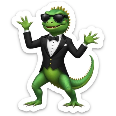 capitalist iguana in tuxedo and black sunglasses dancing sticker