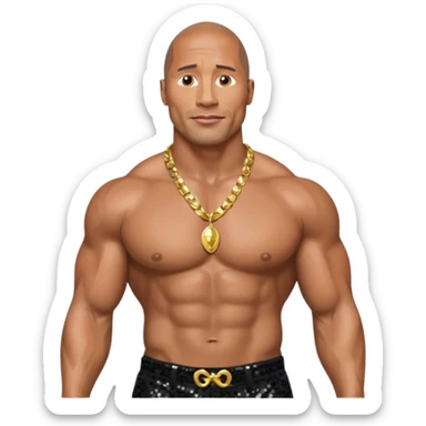 Dwayne Johnson with black sequin baggy pants, shirtless with necklace sticker