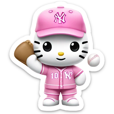 Hello kitty wearing a pink Yankees baseball uniform with a pink foam finger that has #1 sticker