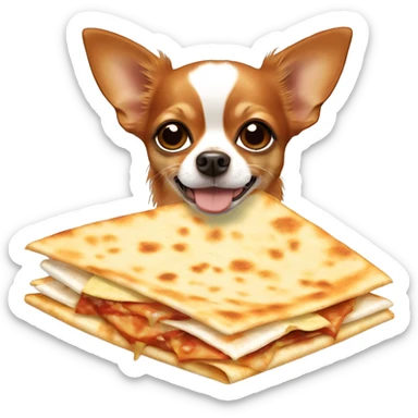 Long-haired reddish brown Chihuahua with white markings eating quesadilla sticker