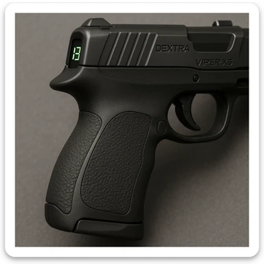 close-up of the Dextra Viper X5 handgun's grip, showing ergonomic curve, soft overmold texture panels, recessed digital ammo counter along rear spine visible only when drawn, realistic, compact, designed for concealment sticker