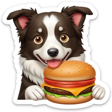 a border collie with a burger sticker