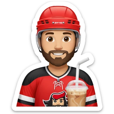 hockey player with a beard with iced coffee in red and black jersey wearing a hockey helmet smiling missing teeth  sticker