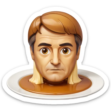 apple style emoji of François Fillon's bust with entire head and face made of flan, highly stylized dessert-like appearance, no realistic human details, thick shiny caramel hair dripping, on a white plate sticker