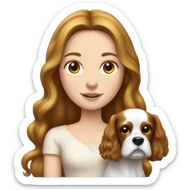 pale girl with long brunette hair holding a king charles dog sticker