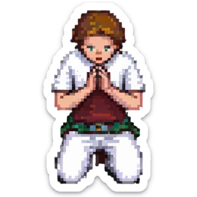 person kneeling in prayer with hands clasped sticker