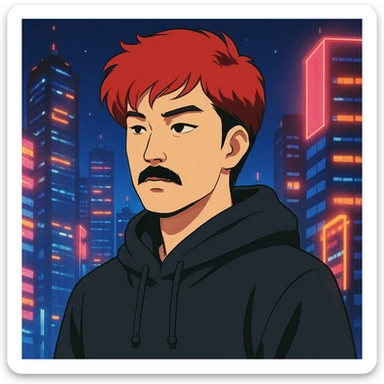 Asian man with black mustache, red hair, black hoodie, in retro-futuristic 80's anime style, city lights background sticker