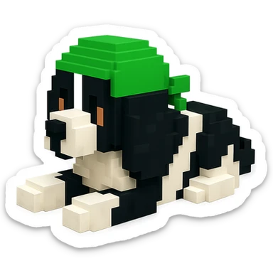 A black and white Russian Cocker Spaniel puppy wearing a green durag, voxel style, lying down sticker