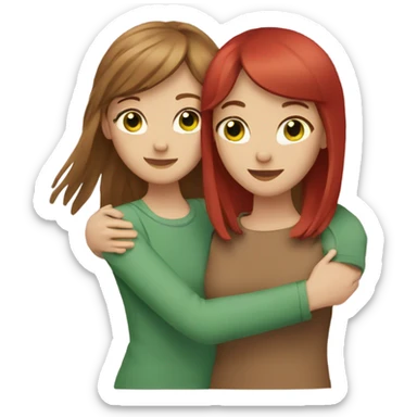 Two Caucasian girls hugging, 1 with long brown hair and brown eyes, 1 with red hair and bangs with green eyes sticker
