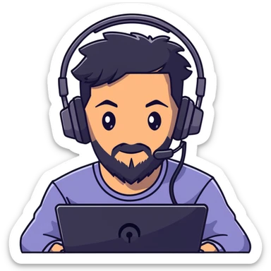 Detailed anime-style character with textured black hair, intense brown eyes, well-groomed black beard, and gaming headset with mic, dramatic anime lighting, detailed face sticker