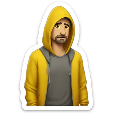 Armenian men with yellow hoodie with unhappy face expressinon and broken heart sticker