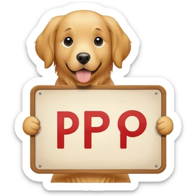 a dog holding a sign with just the letter p m o sticker