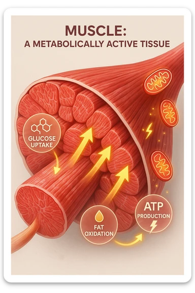 a highly detailed cross-section of human skeletal muscle fibers, shown in vibrant red and pink tones, with visible striations and realistic texture. Glowing arrows and animated icons represent active metabolic processes—such as glucose uptake, fat oxidation, and ATP production—occurring within the muscle tissue. Surrounding the muscle, floating symbols for mitochondria and energy highlight its metabolic activity. The background is clean and clinical, with subtle labels and infographics explaining that muscle is a metabolically active tissue. The overall style is modern, scientific, and visually engaging, suitable for educational or medical use. sticker
