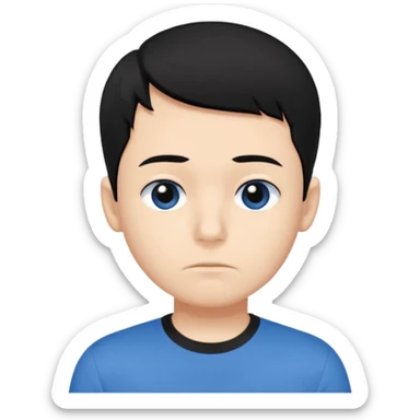 Cute apple emoji-style boy portrait, black hair, blue t-shirt, big black eyes, closed mouth,clean bold lines, flat colors, minimal shading sticker
