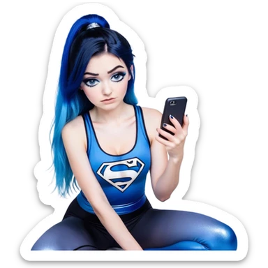 Crying big tears-Texting on phone-very very very large upper body-sexy face-bending forward at waist-very long very straight dark blue to light blue ombre hair-and-blue eyes-thick black eyeliner-thick long eyelashes-iridescent blue lowcut tanktop with black leggings with glitter superman logo sticker