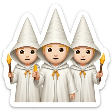 a group of people wearing all white robes, pointed dunce hoods sticker