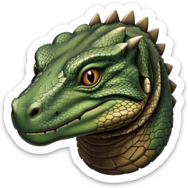 Cinematic Realistic Noble Komodo Dragon Portrait Emoji, Poised and imposing, with a massive, rugged build and a weathered, intricately scaled hide in earthy olive and dark tones, a distinct, powerful head with sharply defined features and piercing eyes, rendered in lifelike detail with natural texture and shadow, high shine, intelligent and formidable, styled with an air of ancient reptilian authority, focused and attentive, soft glowing outline, capturing the essence of a watchful and commanding Komodo dragon that appears ready to emerge from the screen with raw power! sticker