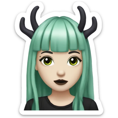gothic girl, pale skin, green eyes, hair as a dreads, deep dark purple hair, bangs, black clothes, eyeliner, upper lip mole, antlers  sticker