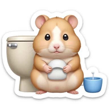 Cute chubby cartoon-style hamster sitting on toilet pooping looking as if he had an accident sticker