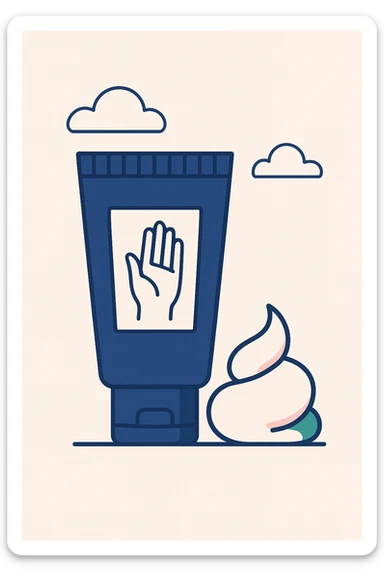 hand cream tube, cream swirl, green and pink accents, flat minimal style sticker