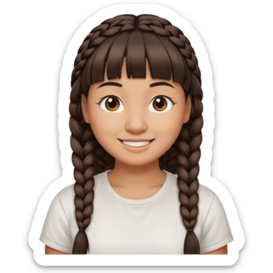 27 year old woman with tan skin, dark brown hair in low braids, blunt cut bangs, chubby face, brown eyes, smiling without teeth showing, white tee shirt sticker