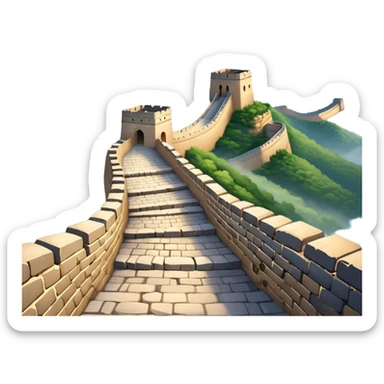 Cinematic Realistic Great Wall of China Landmark Emoji, depicted with ancient stone pathways winding over rugged mountains, watchtowers punctuating the misty landscape, and soft golden sunlight casting dramatic shadows. sticker