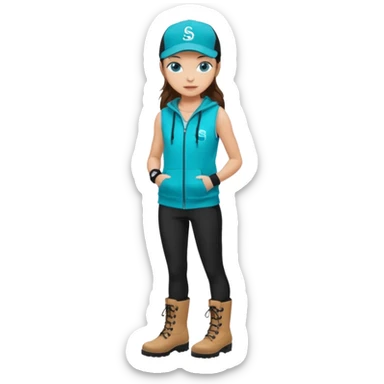 A landscaper in a beautiful turquoise hoody and turquoise rubber boots, black pants, and a black sleeveless shirt. On her head is a black color Swissotel baseball cap. The girl is a brunette with blue eyes. sticker