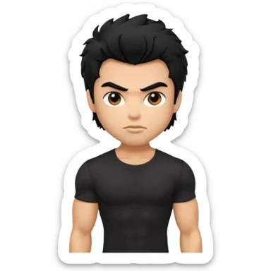 a pretty bratz guy with black hair with big muscles and shaggy hair in a tight black tee sticker