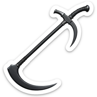 The scythe of the God of Death, a symbol of death, is long and straight, entirely in deep black. sticker