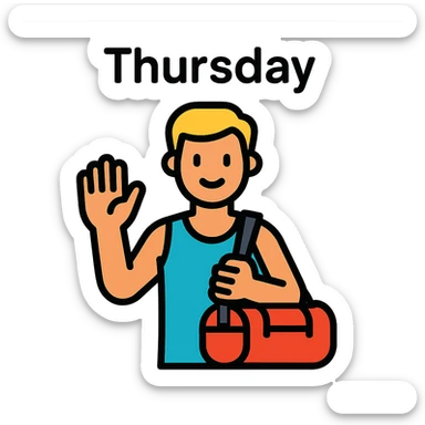 a sportsman holding his gymbag waving his hand goodbye. The word Thursday is above the sportsman sticker