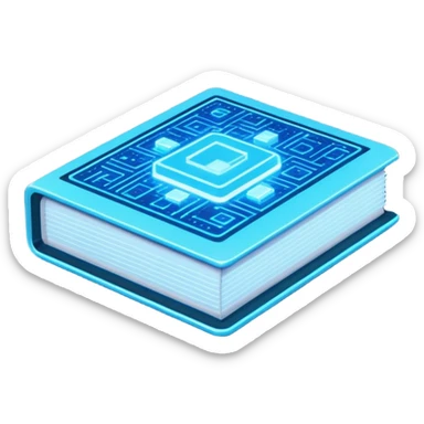 Pixel art emoji icon of a futuristic holographic book (help), neon blue sci-fi voxel style, cute tech aesthetic, centered, simple, high contrast, 3D shading, soft glow, transparent background, 100x100 px, game UI icon sticker