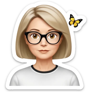 white woman about 50 years old, light warm skin, short bob haircut to neck with slight waves at ends, medium brown hair with soft highlights, neutral expression, large black shiny butterfly or cat-eye glasses, white casual t-shirt, calm and creative energy sticker