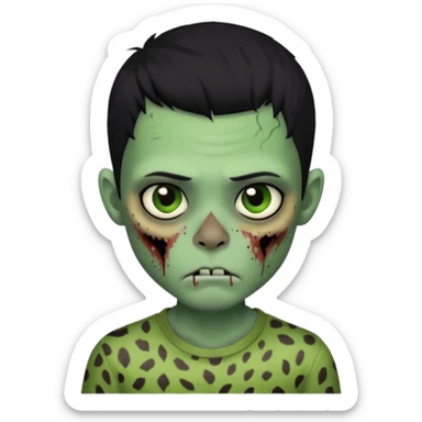 Zombie boy with green skin and sleepy eyes and scars on his face and a shirt that has cheetah texture and black hair sticker