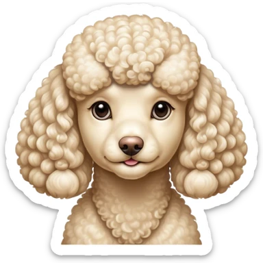 Cinematic Noble Cream Poodle Portrait Emoji, Poised and regal, with a refined, elegant build and a meticulously groomed, curly cream Fur, deep-set soulful warm eyes, Simplified yet sharp and sophisticated features, highly detailed, glowing with a soft, dignified glow, high shine, intelligent and graceful, stylized with an air of sophistication, focused and attentive, soft glowing outline, capturing the essence of a watchful and confident companion, so majestic it feels as though it could prance out of the screen with effortless authority! sticker