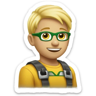 Blonde headed little boy playing under a John Deere tractor sticker