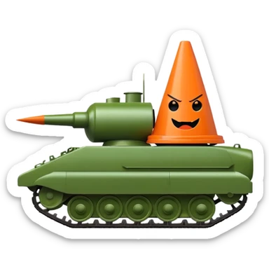 green military tank with an evil face running over a traffic cone with a sad face, cone visible under the treads, emoji style sticker