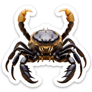 Cinematic Comical Emperor Scorpion Portrait Emoji, Head tilted dramatically with an exaggeratedly amused expression, featuring a striking, glossy exoskeleton with boldly defined pincers and wide, expressive eyes filled with playful disbelief, Simplified yet hilariously expressive features, highly detailed, glowing with a slightly sassy glow, high shine, dramatic yet playful, stylized with an air of cheeky desert mischief, soft glowing outline, capturing the essence of a spirited and over-the-top scorpion that feels like it could snap its pincers into internet fame instantly! sticker