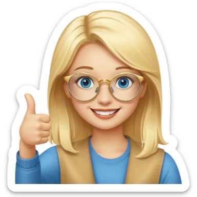 une fille blonde au yeux bleus avec des lunette dorée assez grande joyeuse avec un pouce lever sticker