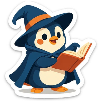 playful chubby penguin wearing a wizard cloak and hat holding an open spellbook sticker