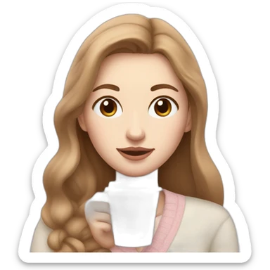 woman with pale skin and middle brown long thin hair wearing a white woolly shirt  and sipping coffee from a light pink takeaway cup eyes closed sticker
