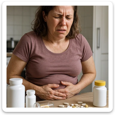 hyper realistic image of a woman with strong intestinal problems caused by supplements, expression of discomfort, abdominal bloating, supplements on the table, clinical details, everyday environment sticker