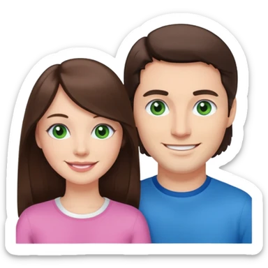 pink polaroid photo of a couple thats white with long brunette hair blue eyes and a white guy with short brunette hair and green eyes sticker