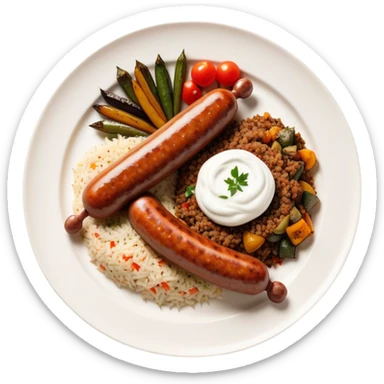 Cinematic Realistic image of a long, sausage-shaped Turkish Köfte, rendered with richly spiced meat textures and subtle grill marks, artfully arranged on a traditional Turkish ceramic plate alongside classic sides such as a serving of aromatic pilaf, crisp grilled vegetables, and a dollop of creamy yogurt, all bathed in warm, appetizing lighting that emphasizes its savory allure. sticker
